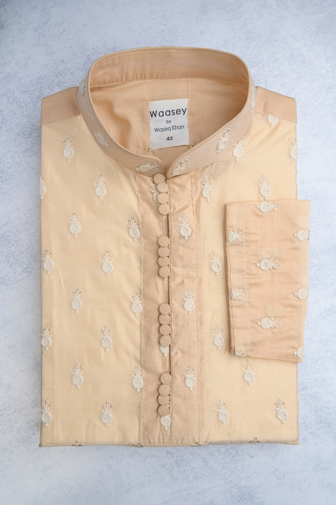 Peach Embroidered-Motif Panjabi with Collar Detail
